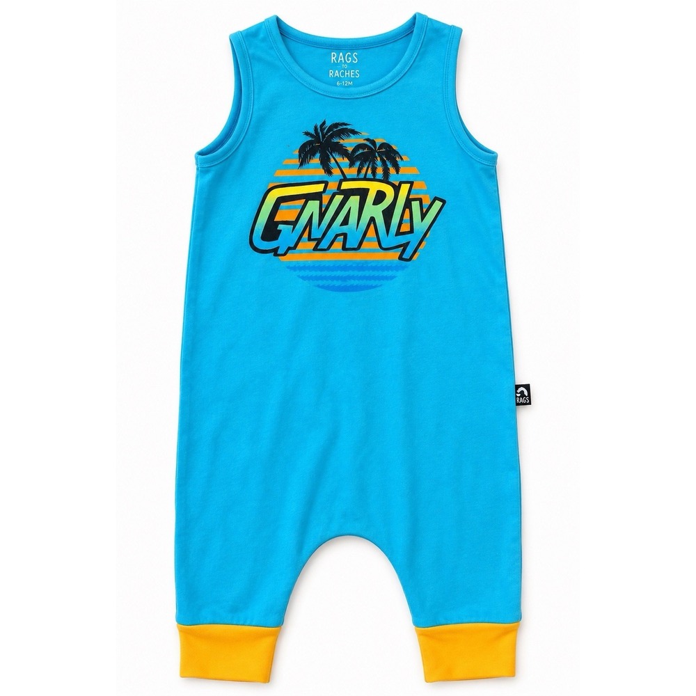 Rags to Raches Gnarly Romper 12-18M Blue Yellow Palm Tree Sleeveless Baby Boy